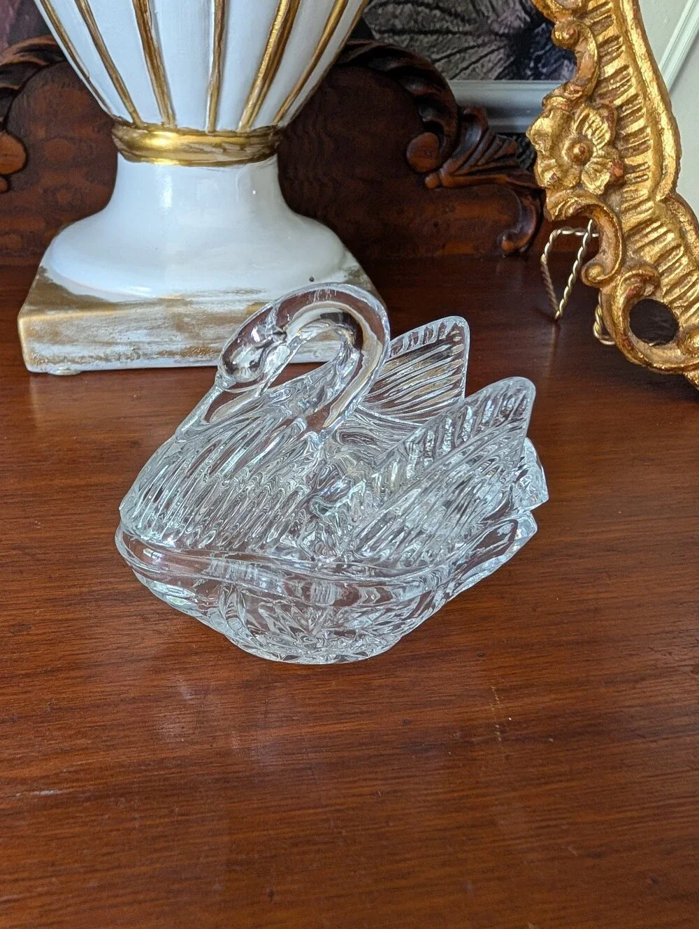 Vintage Lead Crystal Swan shape trinket box, NWB, 4